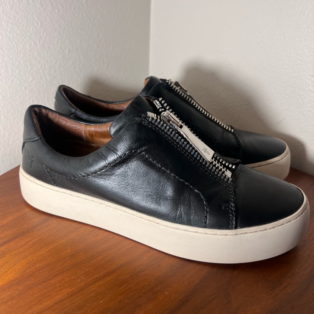 Frye Black Leather Zip-Front Platform Sneakers with White Soles